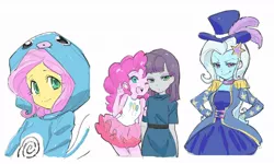 Size: 1200x721 | Tagged: safe, artist:5mmumm5, derpibooru import, fluttershy, maud pie, pinkie pie, trixie, poliwag, equestria girls, anime, clothes, costume, crossover, cute, dress, epaulettes, feather, female, hand on hip, hat, kigurumi, one eye closed, open mouth, peace sign, pokémon, siblings, sisters, wink