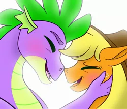Size: 2698x2309 | Tagged: safe, artist:bellbell123, derpibooru import, applejack, spike, dragon, pony, applespike, blushing, bust, cute, eyes closed, female, hand on cheek, high res, jackabetes, male, older, older spike, open mouth, portrait, profile, shipping, simple background, spikabetes, straight, white background