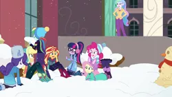 Size: 1920x1080 | Tagged: safe, derpibooru import, screencap, applejack, fluttershy, pinkie pie, princess celestia, rainbow dash, rarity, sci-twi, sunset shimmer, twilight sparkle, equestria girls, equestria girls series, holidays unwrapped, spoiler:eqg series (season 2), angry, blizzard or bust, boots, canterlot high, caught, celestia is not amused, clothes, earmuffs, fake snow, female, fluttershy's winter hat, food, hat, humane five, humane seven, humane six, imminent detention, jacket, looking through the window, mashed potato snowman, mashed potatoes, oh crap face, outdoors, potato, principal celestia, rarity's winter hat, shoes, this will end in detention, toque, unamused, winter hat, winter outfit