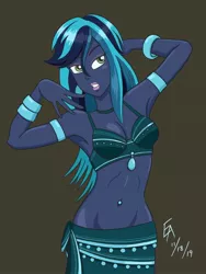 Size: 774x1032 | Tagged: suggestive, artist:mayorlight, derpibooru import, queen chrysalis, equestria girls, arm behind head, armlet, armpits, belly button, belly dancer, belly dancer outfit, bellyring, bracelet, breasts, commission, digital art, equestria girls-ified, eyeshadow, female, jewelry, lipstick, makeup, midriff, piercing, procreate app, solo