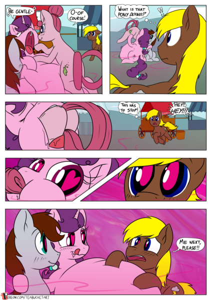 Size: 955x1350 | Tagged: questionable, artist:teabucket, deleted from derpibooru, derpibooru import, sugar belle, oc, oc:bubbly joy, oc:flower pot, oc:thundy butt, earth pony, pony, unicorn, comic:poison apple, belly, comic, dialogue, esophagus, fetish, gullet, heart eyes, licking, licking lips, mawshot, multiple prey, non-fatal vore, open mouth, patreon, patreon logo, pheromones, salivating, slimy, stomach bulges, swallowing, taste buds, throat bulge, tongue out, uvula, vore, willing vore, wingding eyes