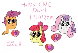 Size: 2888x1977 | Tagged: safe, artist:royalsmurf, artist:smurfettyblue, derpibooru import, apple bloom, scootaloo, sweetie belle, earth pony, pegasus, pony, unicorn, cmc day, cutie mark, cutie mark crusader day, cutie mark crusaders, female, filly, older, older apple bloom, older cmc, older scootaloo, older sweetie belle, pink text, signature, simple background, the cmc's cutie marks, white background