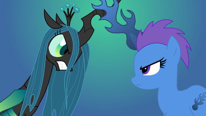 Size: 1920x1080 | Tagged: safe, artist:hybrid-changling, derpibooru import, queen chrysalis, oc, oc:overcast vesper, changeling, changeling queen, earth pony, pony, angry, cutie mark background, duo, female, frown, gradient background, gritted teeth, mare