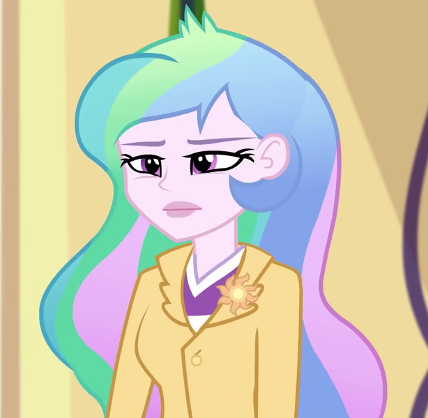 Size: 1070x1045 | Tagged: safe, derpibooru import, screencap, princess celestia, equestria girls, equestria girls series, holidays unwrapped, spoiler:eqg series (season 2), blazer, blizzard or bust, canterlot high, celestia is not amused, celestia's office, cropped, cutie mark accessory, disappointed, female, principal celestia, solo, unamused