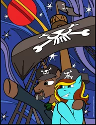 Size: 612x792 | Tagged: safe, artist:samoht-lion, derpibooru import, ponified, pegasus, pony, clothes, duo, female, flag, hat, hooves together, john de lancie, jupiter, male, mare, pirate hat, pointing, side hug, skull and crossbones, space, stallion