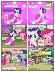 Size: 612x802 | Tagged: safe, artist:newbiespud, artist:winged cat, derpibooru import, edit, edited screencap, screencap, pinkie pie, rarity, spike, twilight sparkle, dragon, earth pony, pony, unicorn, comic:friendship is dragons, too many pinkie pies, bipedal, clothes, collaboration, comic, dialogue, dress, eyes closed, female, male, mare, ponyville, raised hoof, screencap comic, slit eyes, unicorn twilight