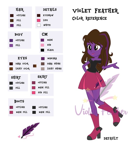 Size: 1860x2048 | Tagged: safe, artist:takeo, artist:violetfeatheroficial, derpibooru import, oc, oc:violet feather, equestria girls, colors, cutie mark, reference sheet, solo