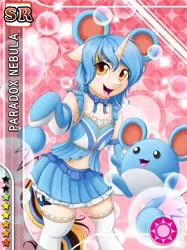 Size: 774x1033 | Tagged: safe, artist:novaintellus, derpibooru import, oc, oc:paradox nebula, unofficial characters only, marill, semi-anthro, unicorn, clothes, cosplay, costume, crossover, love live! school idol project, pokémon, trading card