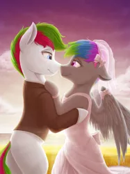 Size: 774x1033 | Tagged: safe, artist:novaintellus, derpibooru import, oc, oc:fox glove, oc:neon streak, earth pony, pegasus, pony, bedroom eyes, couple, cute, looking at each other, marriage, neove, wedding