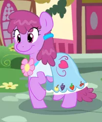 Size: 532x636 | Tagged: safe, artist:pippy, derpibooru import, berry punch, berryshine, earth pony, pony, pinkiepieskitchen, clothes, cute, dress, gala dress, raised hoof, smiling, solo