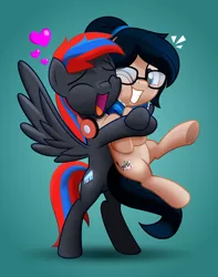 Size: 800x1013 | Tagged: safe, artist:jhayarr23, derpibooru import, oc, oc:crescend cinnamon, oc:smooth walker, unofficial characters only, pegasus, pony, female, glasses, hug, male, mare, stallion