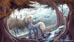 Size: 4800x2700 | Tagged: safe, artist:moonlightstrange, derpibooru import, oc, oc:blasting cap, unofficial characters only, pony, unicorn, cloud, cloudy, commission, female, full color, looking up, mare, outdoors, rain, solo, standing, tree, wet, ych result