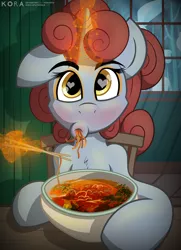 Size: 1444x2000 | Tagged: safe, artist:korafuro, derpibooru import, oc, oc:kiara herbst, unofficial characters only, pony, unicorn, chopsticks, colored, comfort eating, curls, cute, digital art, eating, female, food, heart eyes, holding, looking at you, magic, noodles, offscreen character, pov, ramen, redhead, solo, soup, wingding eyes