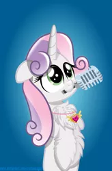 Size: 3000x4562 | Tagged: safe, artist:crystalmagic6, derpibooru import, sweetie belle, pony, unicorn, blue background, chest fluff, cute, equestrian pink heart of courage, fluffy, green eyes, inkscape, microphone, mouth hold, older, older sweetie belle, puppy dog eyes, simple background, solo, vector