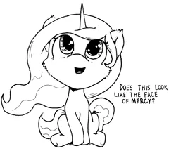 Size: 1200x1033 | Tagged: safe, artist:redcladhero, derpibooru import, pony, /mlp/, cute, dialogue, does this look like the face of mercy, face of mercy, female, mare, monochrome, simple background, sitting, solo, white background