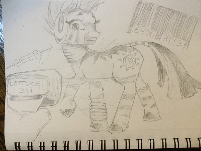 Size: 666x500 | Tagged: source needed, safe, anonymous artist, derpibooru import, zecora, zebra, /mlp/, barcode, female, image, mare, monochrome, png, raised hoof, scanner, solo, traditional art