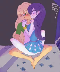 Size: 2446x2937 | Tagged: suggestive, artist:haibaratomoe, derpibooru import, applejack, rarity, equestria girls, alternate hairstyle, ambiguous penetration, ass, barefoot, bed, beneath clothes, blushing, bottomless, breasts, butt, clothes, cute, feet, female, hair over one eye, implied fingering, implied sex, jackabetes, lesbian, lidded eyes, looking at each other, no panties, partial nudity, raribetes, rarijack, rearity, shipping, shirt