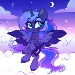 Size: 2200x2200 | Tagged: safe, artist:_spacemonkeyz_, derpibooru import, princess luna, alicorn, pony, blushing, cheek fluff, chibi, cloud, colored hooves, crescent moon, cute, female, flying, high res, leg fluff, lunabetes, mare, moon, night, simple background, sky, solo, stars, transparent background, two toned wings, wings