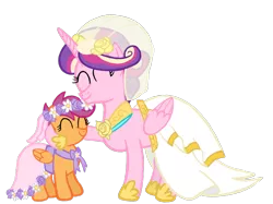 Size: 2732x2048 | Tagged: safe, artist:turnaboutart, derpibooru import, princess cadance, scootaloo, alicorn, pegasus, pony, a canterlot wedding, alternate universe, aunt and niece, clothes, dress, flower, flower filly, flower girl, flower girl dress, flower in hair, marriage, wedding, wedding dress, wedding veil