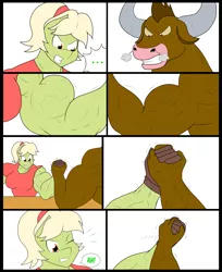 Size: 3160x3872 | Tagged: safe, artist:matchstickman, derpibooru import, granny smith, oc, unnamed oc, anthro, earth pony, minotaur, comic:free cider, ..., arm wrestling, biceps, breasts, busty granny smith, clothes, comic, deltoids, dialogue, duo, female, flexing, gloves, granny smash, gritted teeth, male, mare, muscles, one eye closed, shirt, simple background, snorting, table, white background, younger, young granny smith