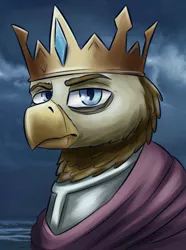 Size: 1024x1379 | Tagged: safe, artist:dukevonkessel, derpibooru import, oc, oc:grover ii, unofficial characters only, gryphon, equestria at war mod, armor, blue eyes, bust, crown, jewelry, male, portrait, regalia, solo