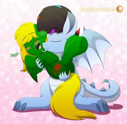 Size: 2200x2150 | Tagged: artist:aarondrawsarts, blushing, bridal carry, butt, butt touch, carrying, commission, derpibooru import, dragon, hand on butt, interspecies, kissing, oc, oc:moonwolf, oc:rdash, oc x oc, pegasus, plot, safe, shipping