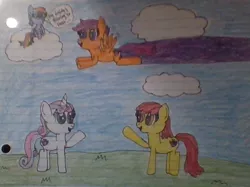 Size: 824x615 | Tagged: safe, artist:nightshadowmlp, derpibooru import, apple bloom, rainbow dash, scootaloo, sweetie belle, earth pony, pegasus, pony, unicorn, cloud, cmc day, cutie mark crusaders, female, flying, lined paper, mare, older, older apple bloom, older rainbow dash, older scootaloo, older sweetie belle, scootaloo can fly, traditional art