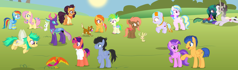 Size: 10624x3136 | Tagged: safe, artist:razorbladetheunicron, derpibooru import, amethyst star, angel bunny, flash sentry, fluttershy, rainbow dash, saffron masala, twirly, oc, oc:chocolate strawberry, oc:citrus surprise, oc:confetti balloon, oc:dawn, oc:dipper, oc:iridescent garnet, oc:obsidian pie, oc:princess serpentine whisper, oc:princess zenith, oc:rose gold, oc:spirit, oc:windy blitz, alicorn, bat pony, breezie, changedling, changeling, changepony, dog, earth pony, hybrid, jackalope, pegasus, phoenix, pony, unicorn, lateverse, alternate design, alternate mane style, alternate universe, bandana, base used, bat pony oc, bat wings, bracelet, breezie hybrid, changedling oc, changeling oc, clothes, colt, curved horn, draconequus hybrid, ear piercing, earring, female, filly, flower, flower in hair, foal, group, hippogriff hybrid, horn, interspecies offspring, jewelry, lab coat, magical lesbian spawn, male, mare, next generation, offspring, parent:capper, parent:discord, parent:flash sentry, parent:flitter, parent:fluttershy, parent:limestone pie, parent:oc:pumpkin moon, parent:pharynx, parent:pinkie pie, parent:princess celestia, parent:princess luna, parent:princess skystar, parent:saffron masala, parent:soarin', parent:thunderlane, parent:twilight sparkle, parent:twirly, parent:vinyl scratch, parent:winona, parents:canon x oc, parents:dislestia, parents:flashlight, parents:flitterlane, parents:limin', parents:lunarynx, parents:saffer, parents:skytwirl, parents:vinylpie, pet oc, piercing, shirt, stallion, wings, wonderbolts jacket