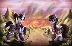 Size: 1121x713 | Tagged: safe, artist:hoodiefoxy, derpibooru import, oc, oc:khamkhuul sumny, oc:shiro reisu, pony, unicorn, armor, badass, braid, burning, fire, japanese, katana, mongol, samurai, scenery, standoff, sword, weapon