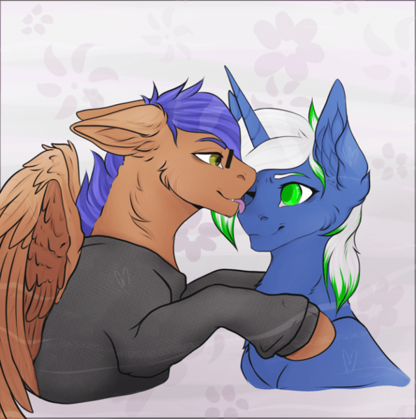 Size: 672x676 | Tagged: artist needed, source needed, safe, derpibooru import, oc, oc:mimic, oc:odyssey flash, pegasus, pony, unicorn, clothes, cute, hoodie, licking, tongue out