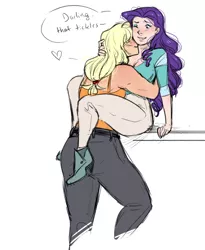 Size: 768x938 | Tagged: source needed, suggestive, artist:demdoodles, banned from derpibooru, deleted from derpibooru, derpibooru import, applejack, rarity, human, breasts, cuddling, darling, duo, female, heart, humanized, image, kissing, lesbian, love, neck kiss, png, rarijack, shipping, simple background, speech bubble, tickling, white background