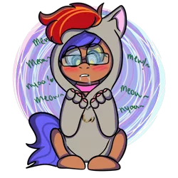 Size: 676x676 | Tagged: suggestive, artist:tayartsstuffs, derpibooru import, oc, oc:flareora, oc:odyssey flash, unofficial characters only, pegasus, pony, animal costume, blushing, brainwashed, brainwashing, cat costume, clothes, collar, costume, glasses, hoodie, hypnosis, hypnotized, kigurumi, male, meow, offscreen character, paws, stallion, swirly eyes, transformation