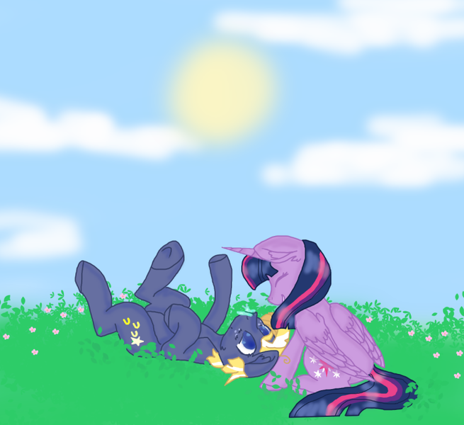 Size: 800x733 | Tagged: safe, artist:cslie, derpibooru import, star tracker, twilight sparkle, twilight sparkle (alicorn), alicorn, butterfly, earth pony, pony, butterfly on nose, colored pupils, cute, ear fluff, eyes closed, female, flower, insect on nose, legs in air, male, mare, on back, shipping, smiling, stallion, straight, trackerbetes, twiabetes, twitracker