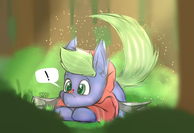 Size: 1145x790 | Tagged: safe, artist:almond evergrow, derpibooru import, oc, oc:fruit cup, bat, bat pony, fruit bat, insect, ladybug, pony, bush, curious, exclamation point, forest, inquisitive, solo, sunlight, surprised