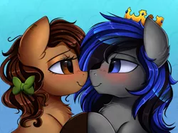 Size: 2379x1783 | Tagged: safe, artist:pridark, derpibooru import, oc, unofficial characters only, pony, blushing, bust, commission, crown, cute, jewelry, looking at each other, portrait, regalia, smiling