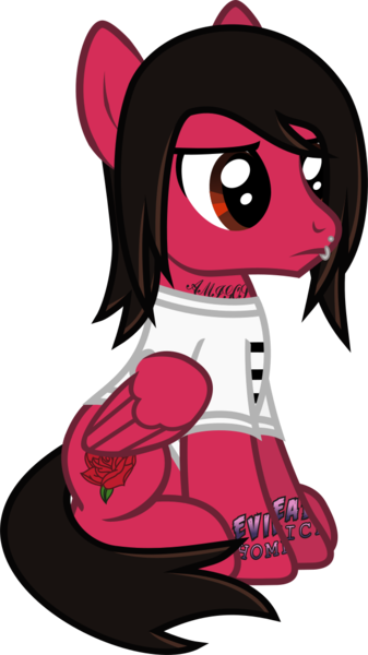 Size: 688x1226 | Tagged: safe, artist:lightningbolt, derpibooru import, ponified, pegasus, pony, .svg available, clothes, folded wings, hair over one eye, lip piercing, male, mike fuentes, pierce the veil, piercing, shirt, side view, simple background, sitting, solo, stallion, svg, t-shirt, tattoo, transparent background, vector, wings