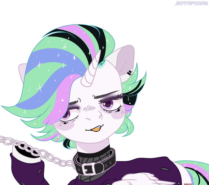 Size: 3510x3119 | Tagged: safe, artist:_vodka, derpibooru import, princess celestia, alicorn, pony, alternate hairstyle, black lipstick, blush sticker, blushing, chains, clothes, collar, commission, eyeshadow, female, fishnets, jacket, leash, lidded eyes, lipstick, makeup, mare, open mouth, punklestia, simple background, smiling, solo, white background, ych result