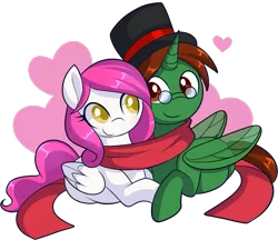 Size: 1795x1552 | Tagged: safe, artist:xwhitedreamsx, derpibooru import, oc, oc:storm cloud, oc:valtiel, unofficial characters only, pony, clothes, female, hat, male, mare, prone, scarf, shared clothing, shared scarf, simple background, stallion, top hat, transparent background