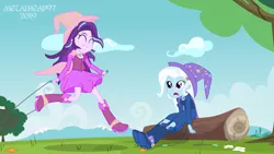 Size: 8000x4500 | Tagged: safe, artist:metalhead97, derpibooru import, starlight glimmer, trixie, equestria girls, barrette, boots, cape, clothes, commission, cute, diatrixes, dress, duo, duo female, fall formal outfits, female, friendship, fun, glimmerbetes, hat, high heel boots, jump rope, jumping, log, looking at each other, matching outfits, mountain, outfit, shoes, show accurate, showing off, skipping rope, smiling, smirk, trixie's cape, trixie's hat