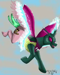 Size: 4926x6202 | Tagged: absurd resolution, artist:edhelistar, changedling, changedling oc, changeling, changeling magic, changeling oc, cloud, cloudy, cute, cute little fangs, derpibooru import, fanfic:continuity saga, fangs, female, flying, kanji, mid-transformation, mixed media, oc, oc:ecdysia, safe, shapeshifting, signature, sky, solo, tengwar, unofficial characters only