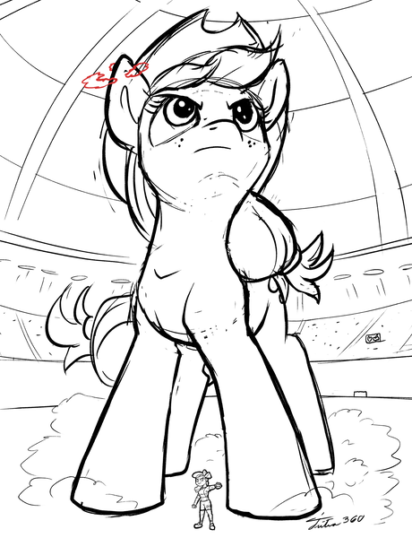 Size: 2000x2611 | Tagged: safe, artist:tsitra360, derpibooru import, apple bloom, applejack, earth pony, human, pony, black and white, clothes, cowboy hat, crossover, dynamax, giant pony, grayscale, hat, humanized, lineart, macro, monochrome, nintendo, pokemon sword and shield, pokémon, stadium, stetson, trainer, video game crossover