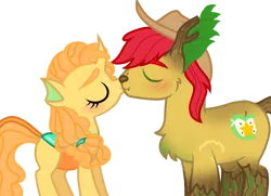 Size: 1679x1217 | Tagged: safe, artist:unoriginai, derpibooru import, bright mac, pear butter, changeling, hengstwolf, original species, timber pony, timber wolf, werewolf, alternate universe, blushing, brightbutter, changelingified, cute, female, kissing, male, shipping, species swap, straight, timber wolfified, transparent