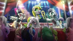 Size: 2000x1125 | Tagged: safe, artist:fidzfox, derpibooru import, coloratura, songbird serenade, oc, oc:green stars, earth pony, pegasus, pony, unicorn, my little pony: the movie, audience, commission, concert, crowd, eyes closed, female, glowing horn, hair over eyes, horn, levitation, lights, magic, mare, microphone, open mouth, rara, stage, telekinesis