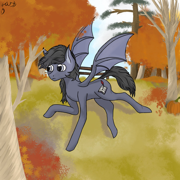 Size: 828x828 | Tagged: safe, artist:harmacist, derpibooru import, bat pony, pony, autumn, fence, holiday, leaves, pumpkin, solo, thanksgiving, tree