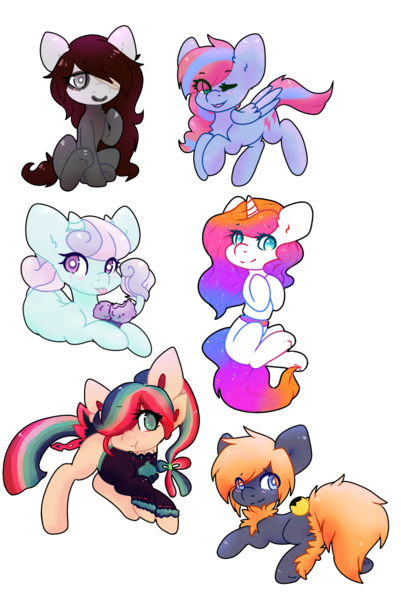 Size: 1272x1904 | Tagged: safe, artist:pomrawr, derpibooru import, oc, unofficial characters only, earth pony, pegasus, pony, unicorn, :p, bandage, blushing, bow, clothes, earth pony oc, ethereal mane, eye clipping through hair, hair bow, hair over one eye, horn, one eye closed, pegasus oc, prone, puffy cheeks, simple background, starry mane, tongue out, transparent background, unicorn oc, wings, wink