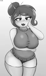 Size: 3488x5730 | Tagged: ara ara, artist:an-tonio, bedroom eyes, big breasts, blushing, breasts, chubby, clothes, derpibooru import, female, hair bun, human, humanized, lipstick, looking at you, milf, monochrome, oc, oc:golden brooch, panties, socks, solo, solo female, suggestive, sweat, thong, underwear, wide hips