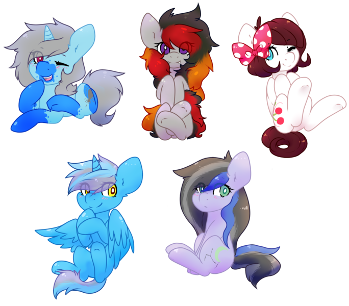 Size: 1540x1351 | Tagged: safe, artist:pomrawr, derpibooru import, oc, oc:cherry parfait, oc:crescent harvest, oc:night breeze, oc:roiling steam, oc:winter sparkle, unofficial characters only, alicorn, earth pony, pony, unicorn, alicorn oc, blushing, bow, earth pony oc, eye clipping through hair, hair bow, horn, one eye closed, simple background, smiling, solo, transparent background, underhoof, unicorn oc, wings, wink