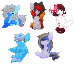Size: 1540x1351 | Tagged: safe, artist:pomrawr, derpibooru import, oc, oc:cherry parfait, oc:crescent harvest, oc:night breeze, oc:roiling steam, oc:winter sparkle, unofficial characters only, alicorn, earth pony, pony, unicorn, alicorn oc, blushing, bow, earth pony oc, eye clipping through hair, hair bow, horn, one eye closed, simple background, smiling, solo, transparent background, underhoof, unicorn oc, wings, wink