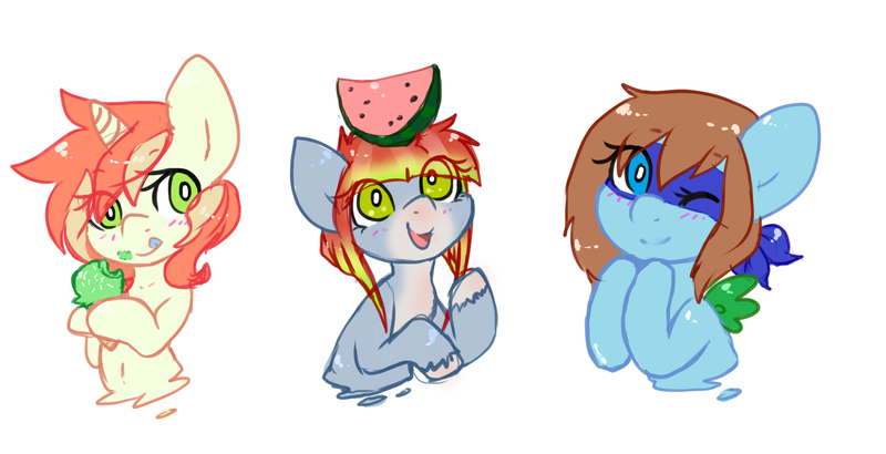 Size: 1819x932 | Tagged: safe, artist:pomrawr, derpibooru import, oc, unofficial characters only, earth pony, pegasus, pony, unicorn, balancing, blushing, bust, earth pony oc, eating, eye clipping through hair, food, horn, one eye closed, pegasus oc, smiling, unicorn oc, unshorn fetlocks, watermelon, wings, wink