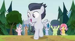 Size: 1183x647 | Tagged: safe, derpibooru import, screencap, cucumber seed, kettle corn, mocha berry, rumble, skeedaddle, tulip swirl, earth pony, pegasus, pony, unicorn, marks and recreation, colt, discovery family logo, female, filly, foal, male